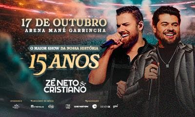 Card de divulgação do evento com a dupla ao fundo